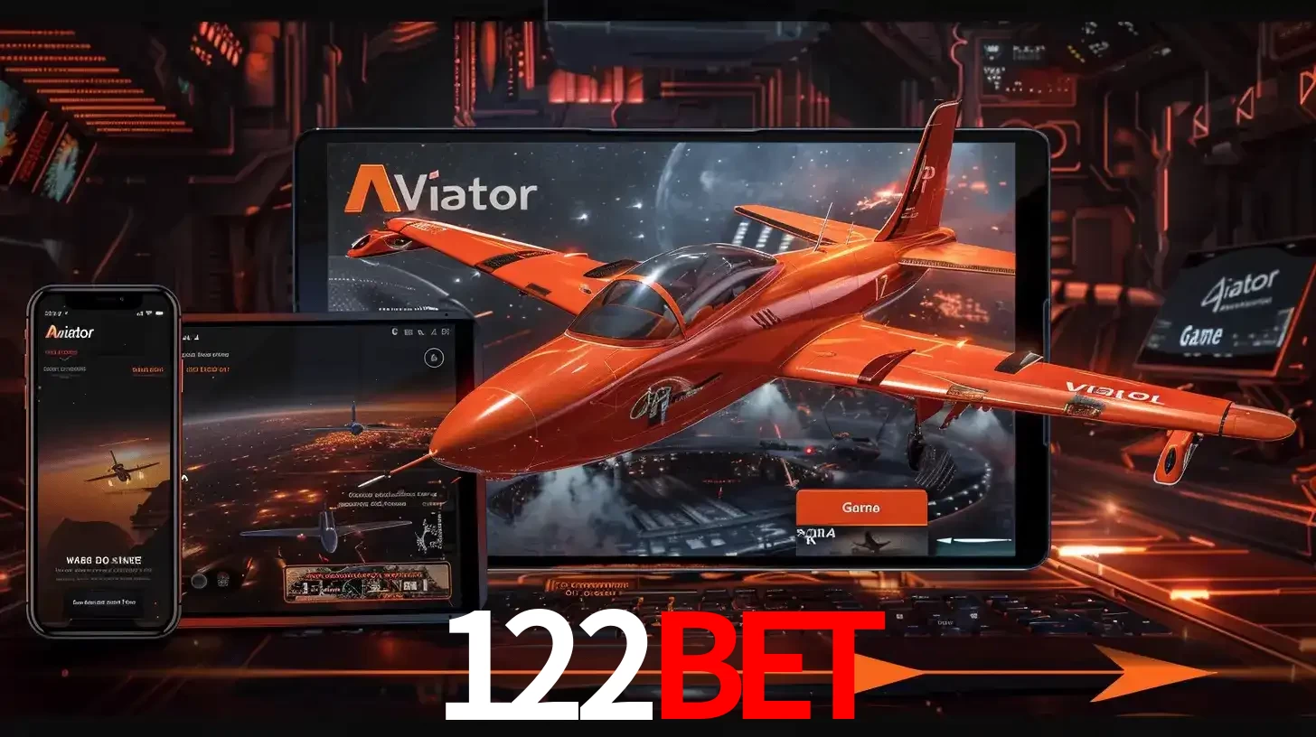 Apresentação tecnológica do jogo Aviator com um avião saindo da tela de um tablet, demonstrando a experiência imersiva em múltiplos dispositivos no 122BET.