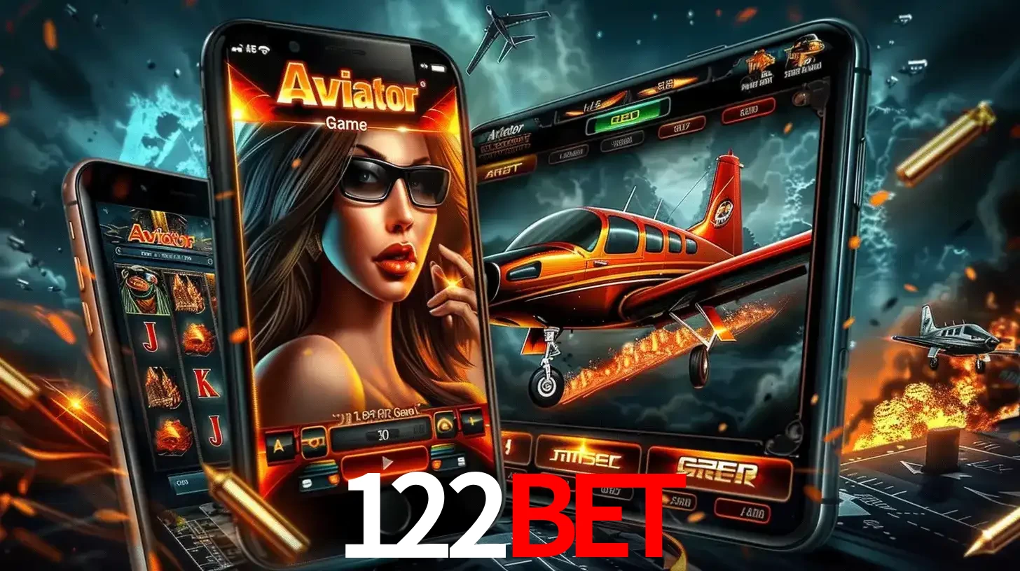 O popular jogo de apostas Aviator exibido em vários celulares e tablets, mostrando a interface emocionante e a ação de voo disponíveis para jogar agora no 122BET.