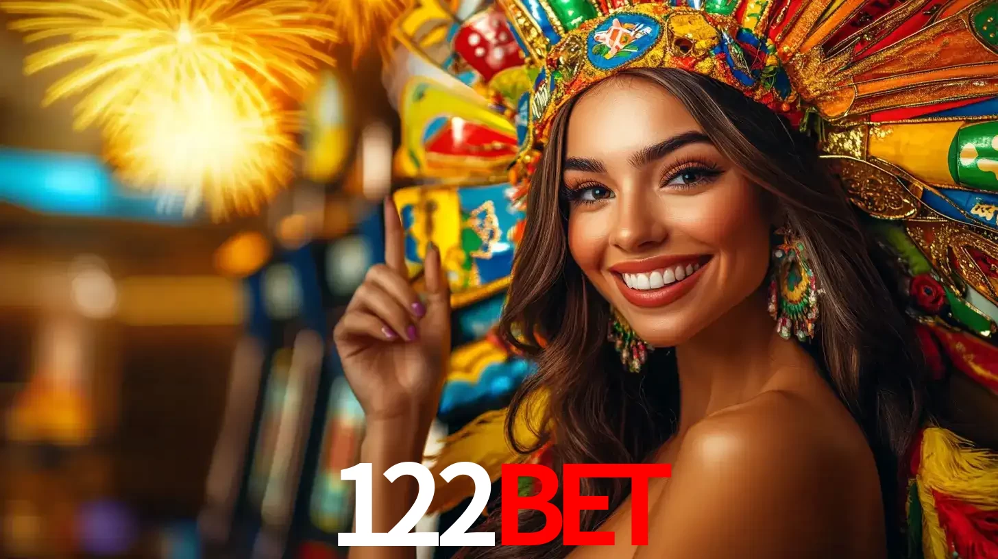 Mulher sorridente com um cocar de carnaval vibrante e colorido, celebrando uma grande vitória nos jogos do cassino 122BET com fogos de artifício ao fundo.