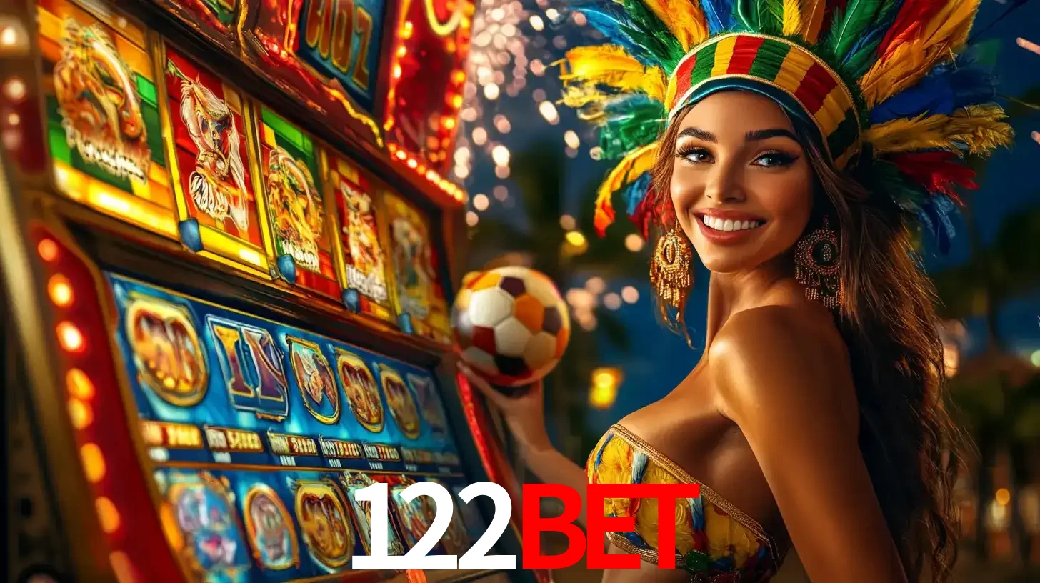 Mulher com um cocar de carnaval ao lado de uma máquina de caça-níqueis enquanto segura uma bola de futebol, mostrando a união da diversão de cassino e esportes no 122BET.