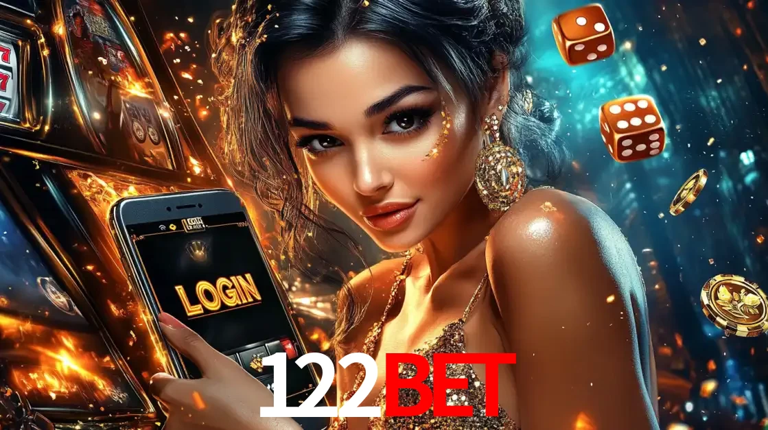Mulher glamourosa segurando um celular com a tela de login do cassino 122BET, rodeada por dados e moedas douradas, pronta para começar a diversão.