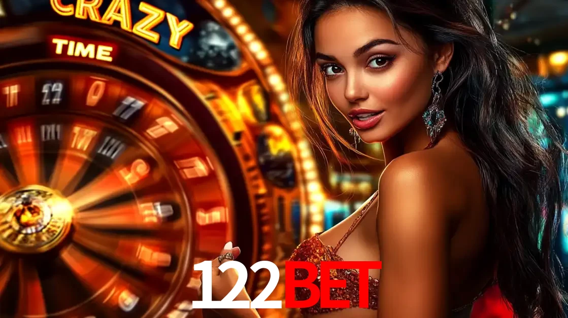 Mulher ao lado da roda de prêmios do jogo de cassino ao vivo Crazy Time, um dos shows de jogos mais emocionantes oferecidos pela plataforma de apostas 122BET.