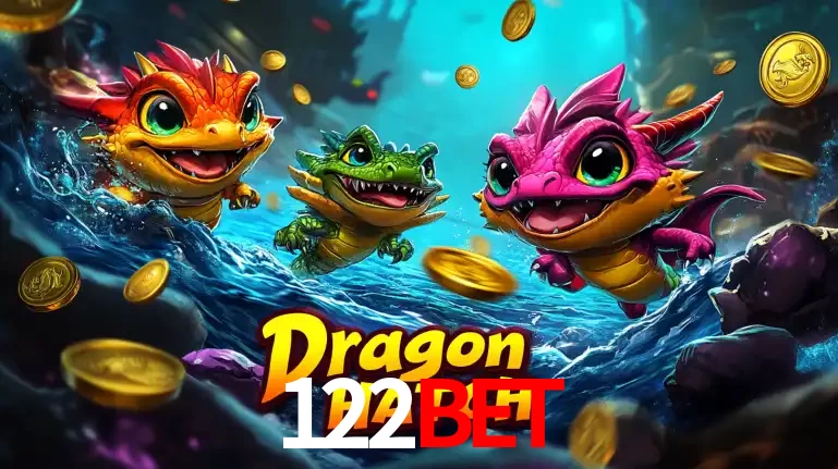 Arte promocional do jogo Dragon Hatch com três adoráveis dragões bebês nadando entre moedas de ouro, um dos slots mais divertidos para jogar no cassino 122BET.
