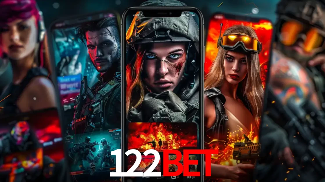 Montagem de telas de celular mostrando diversos personagens, masculinos e femininos, de um jogo de tiro, ilustrando a diversidade de equipes de e-sports para apostar no 122BET.