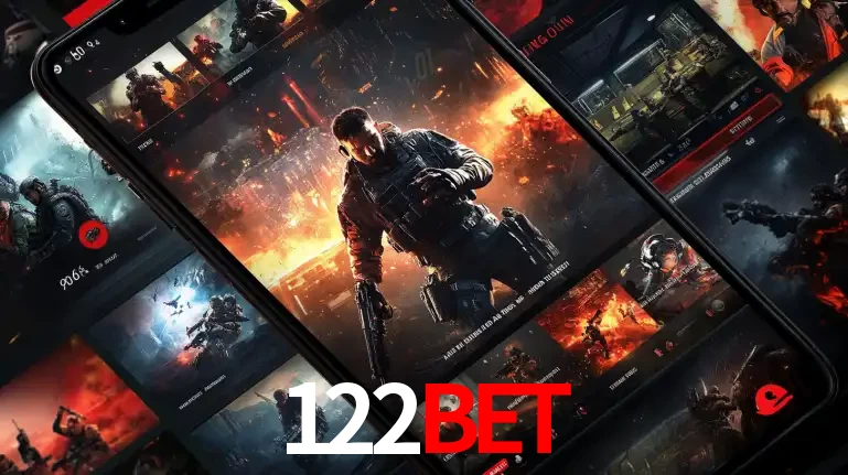 Tela de um celular exibindo uma galeria de jogos de tiro com temática militar, mostrando a variedade de e-sports disponíveis para apostas na plataforma de entretenimento 122BET.