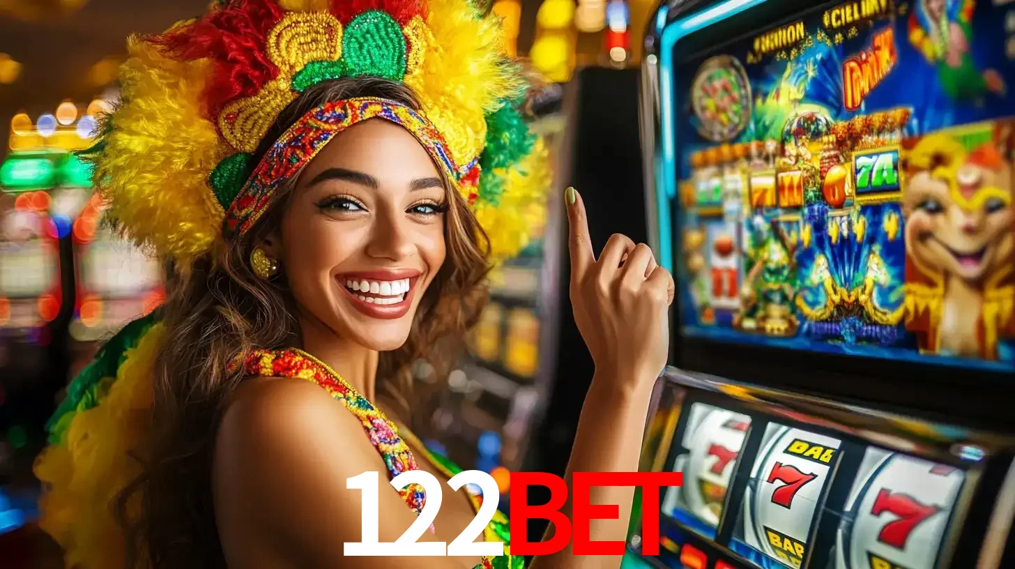 Mulher animada com um cocar de carnaval apontando para uma máquina de caça-níqueis, mostrando a emoção de ganhar um grande prêmio nos jogos do 122BET.
