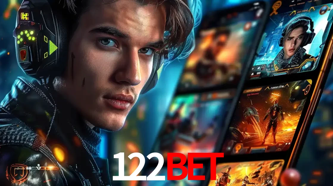 Jovem jogador com fones de ouvido olhando para a câmera, com um aplicativo de jogos e e-sports para celular ao fundo, pronto para a competição e apostas no 122BET.