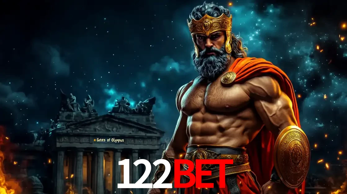 O poderoso Zeus do jogo de slot Gates of Olympus em frente ao seu templo, pronto para lançar multiplicadores divinos e prêmios épicos no cassino online 122BET.