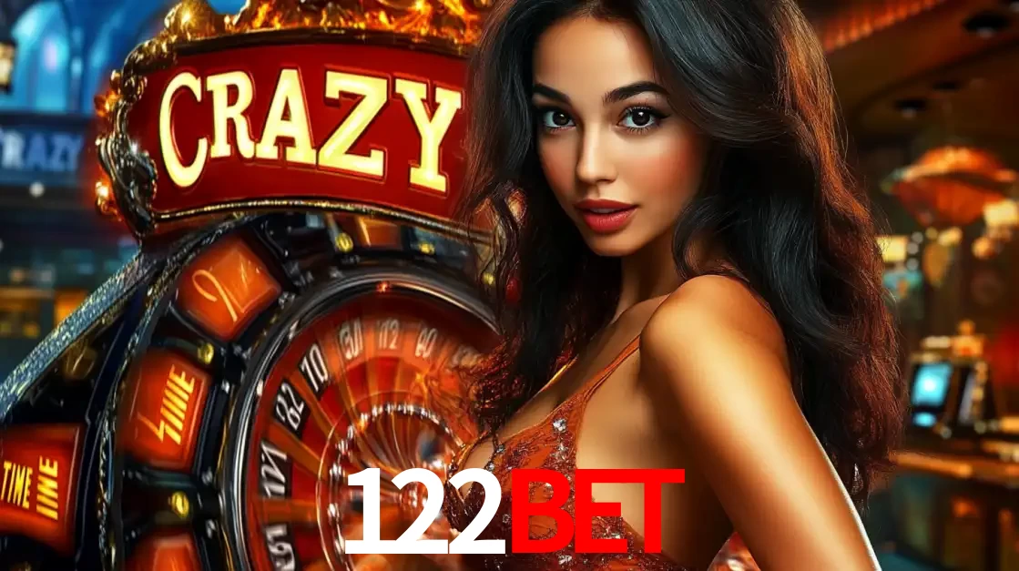 Mulher glamourosa olhando para a câmera com a roda vermelha do Crazy Time ao fundo em um ambiente de cassino, destacando a emoção dos jogos ao vivo no 122BET.
