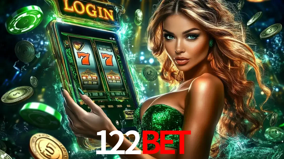 Mulher com tema verde apresentando o aplicativo do cassino 122BET com um jogo de slot de 777, cercada por fichas de cassino e uma aura de sorte.