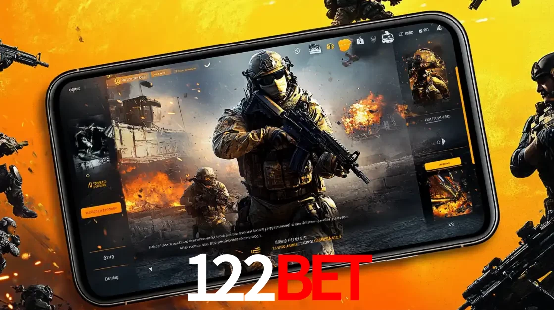 Um smartphone exibindo a interface de um jogo de tiro em primeira pessoa, com um soldado em um cenário de batalha, representando a ação dos e-sports para apostar no 122BET.