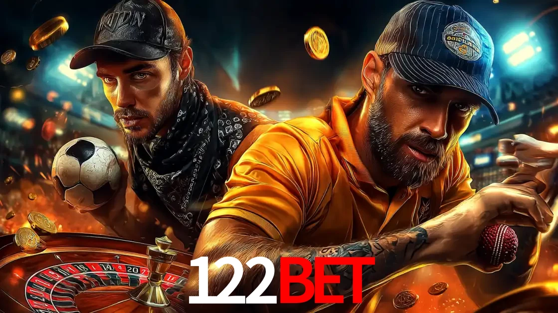 Montagem de apostas esportivas e cassino no 122BET, com um homem segurando uma bola de futebol e outro uma de beisebol sobre uma roleta e moedas voadoras.