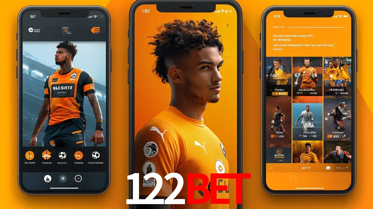 Interface do aplicativo de apostas esportivas 122BET em três telas de celular, mostrando o perfil de um jogador de futebol e a lista de jogos disponíveis para apostar.