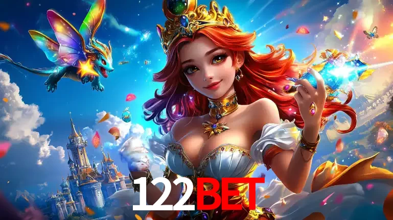 A princesa de um reino de fantasia mágico, com seu pequeno dragão, apresentando um mundo de prêmios encantados nos jogos de caça-níqueis do cassino 122BET.