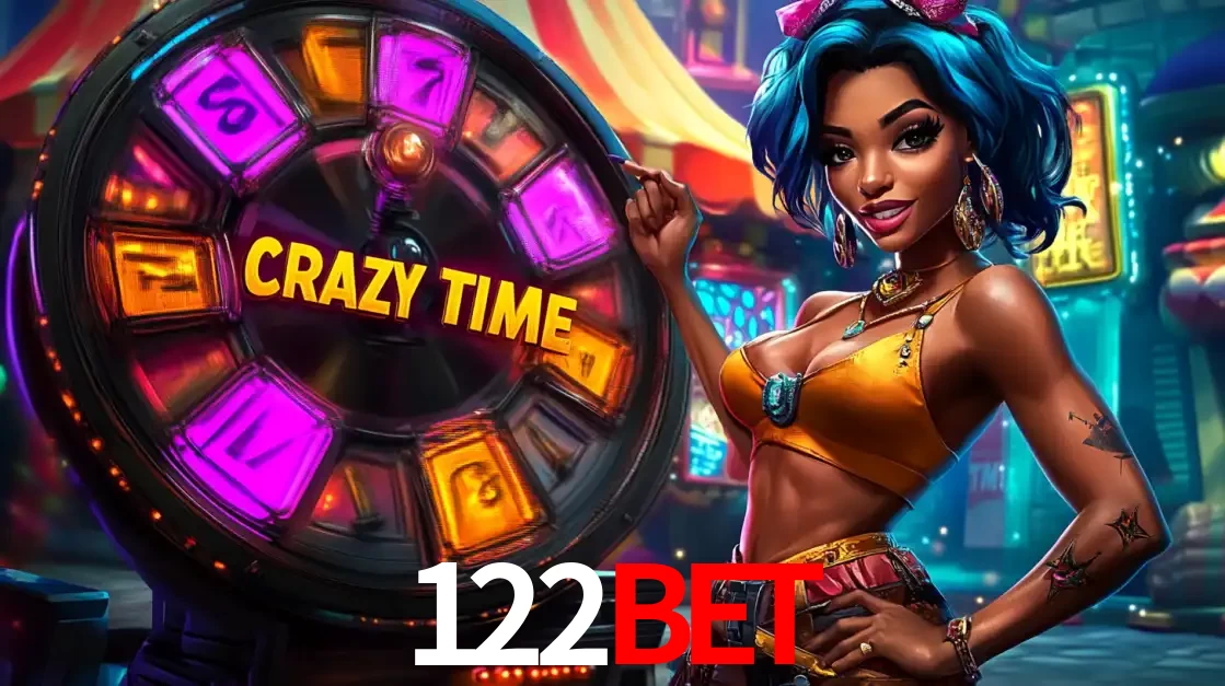Mulher estilizada com cabelo azul e visual vibrante posando ao lado da roda de prêmios do game show Crazy Time, convidando para a diversão e os bônus do cassino 122BET.