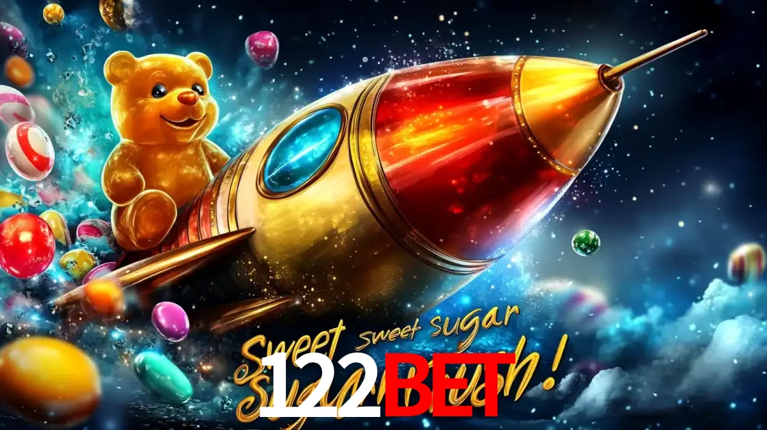 Arte promocional do jogo de slot Sugar Rush, com um urso de pelúcia em um foguete viajando pelo espaço de doces, um dos jogos divertidos disponíveis no cassino 122BET.