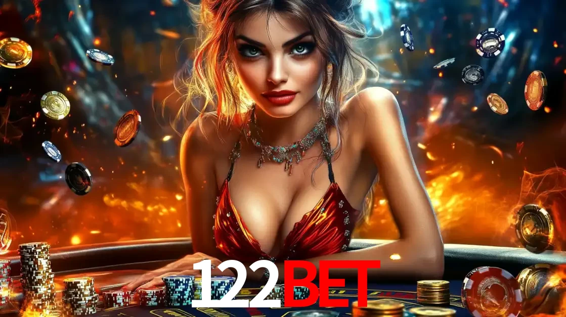 Mulher em uma mesa de cassino com pilhas de fichas e um fundo de fogo, pronta para uma rodada de altas apostas nos jogos de mesa emocionantes do cassino 122BET.