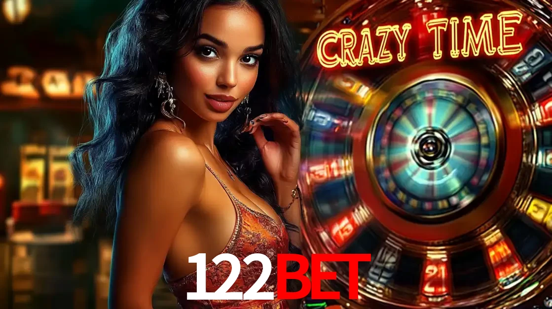 Mulher elegante ao lado da vibrante roda da fortuna do jogo de cassino ao vivo Crazy Time, um dos game shows mais populares e cheios de prêmios do 122BET.