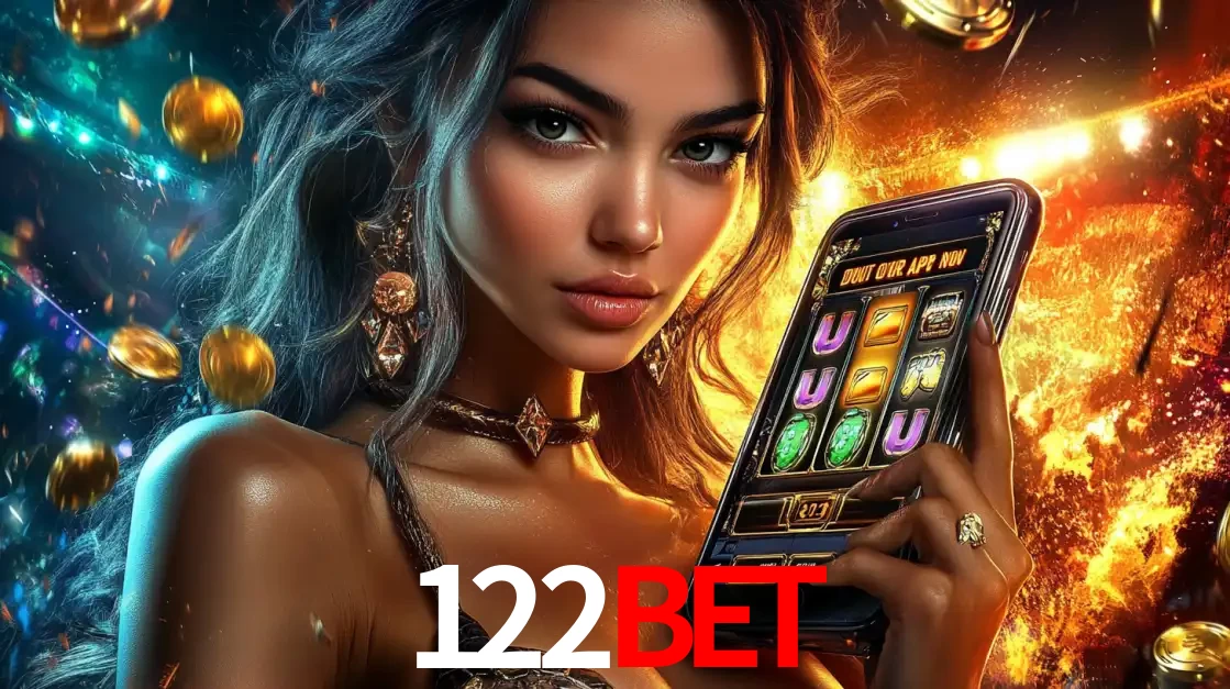 Mulher elegante mostrando um jogo de caça-níqueis em seu smartphone, destacando a experiência de cassino móvel oferecida pelo aplicativo 122BET.