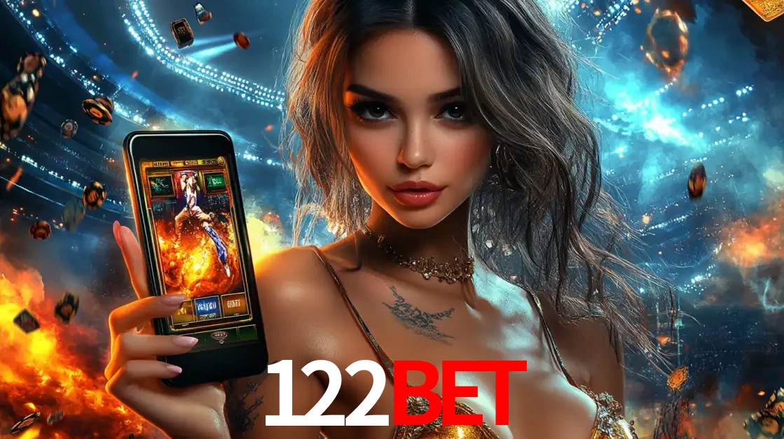 Mulher segurando um celular com um jogo de slot em destaque, tendo como fundo um estádio vibrante, simbolizando a emoção de jogar no cassino móvel 122BET.