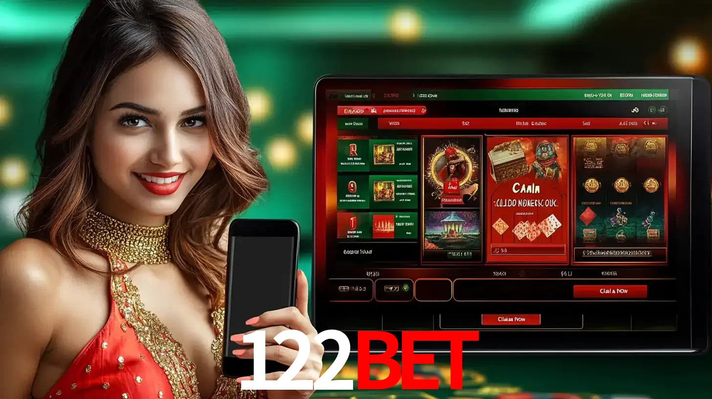 Mulher sorridente segurando um smartphone, ao lado de uma tela exibindo o lobby de jogos do cassino online 122BET, com várias opções de jogos de cartas e slots.